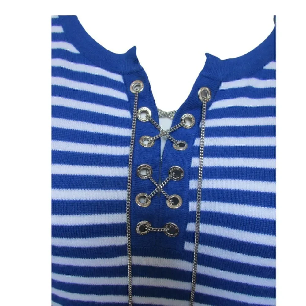 Michael Kors‎ Blue & White Striped Sweater W/ Chain Lace Up